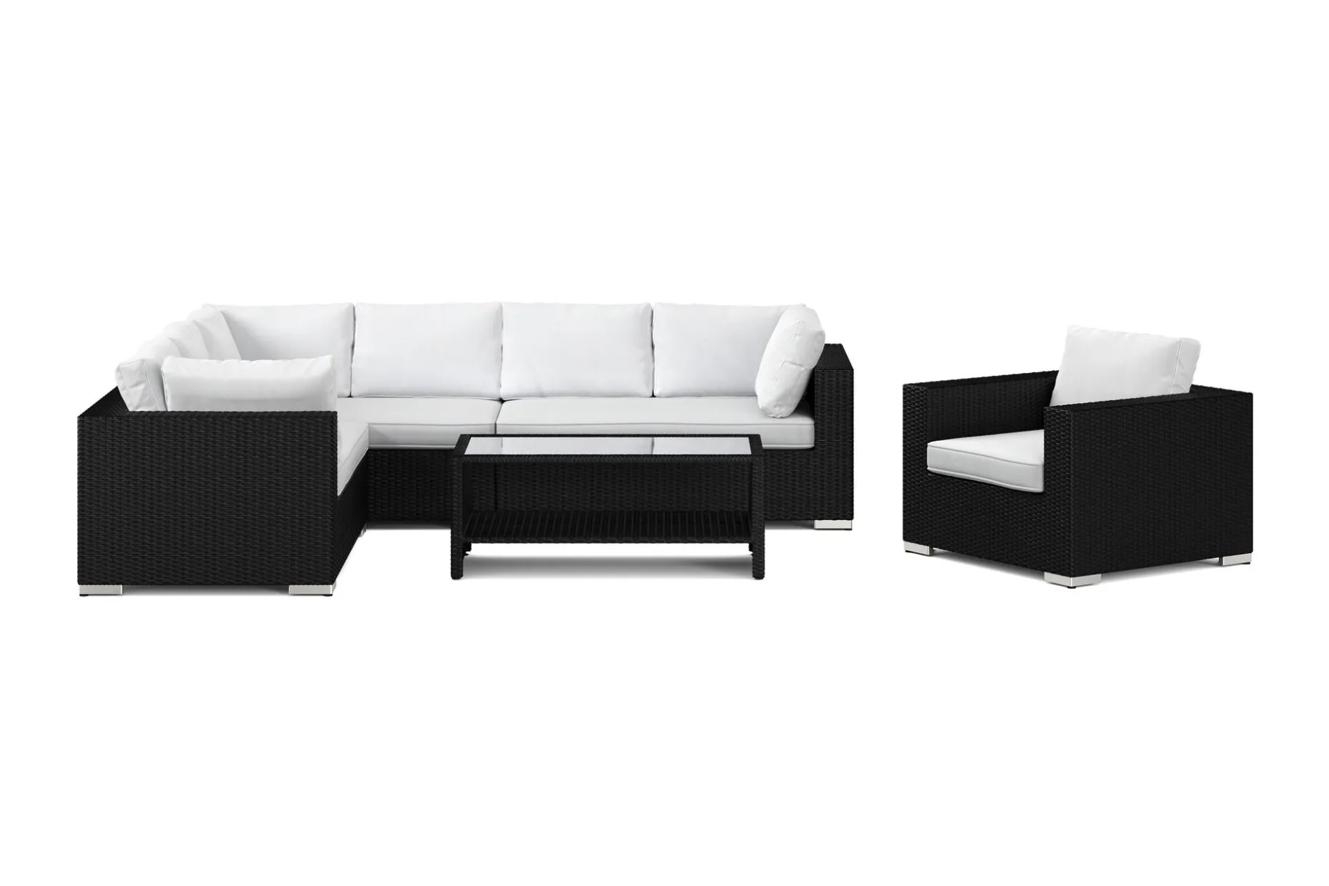 Bahamas utomhus L-soffa höger 7-sits med fåtölj och bord med hylla