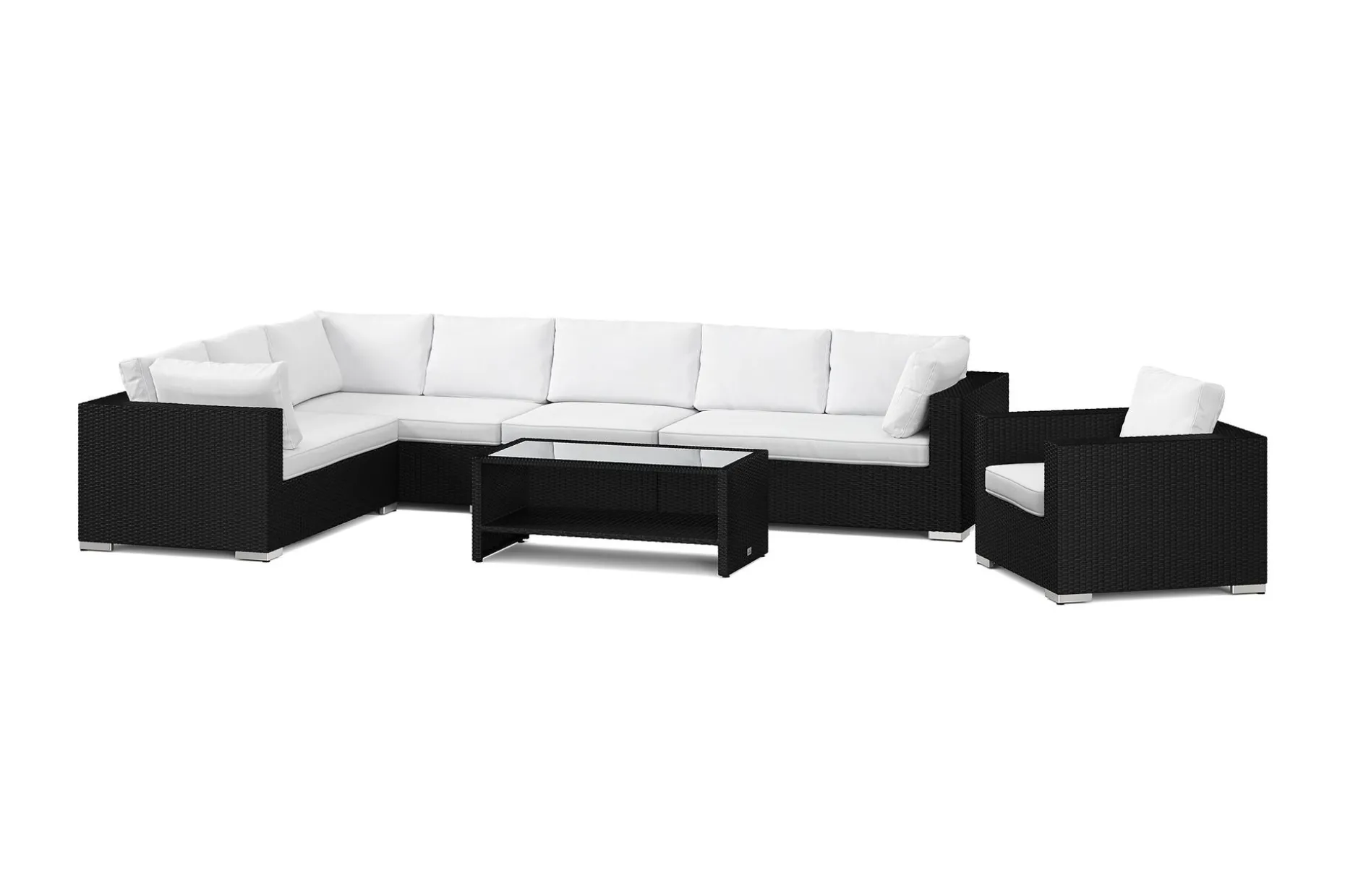 Bahamas utomhus L-soffa höger 8-sits med fåtölj och bord med hylla