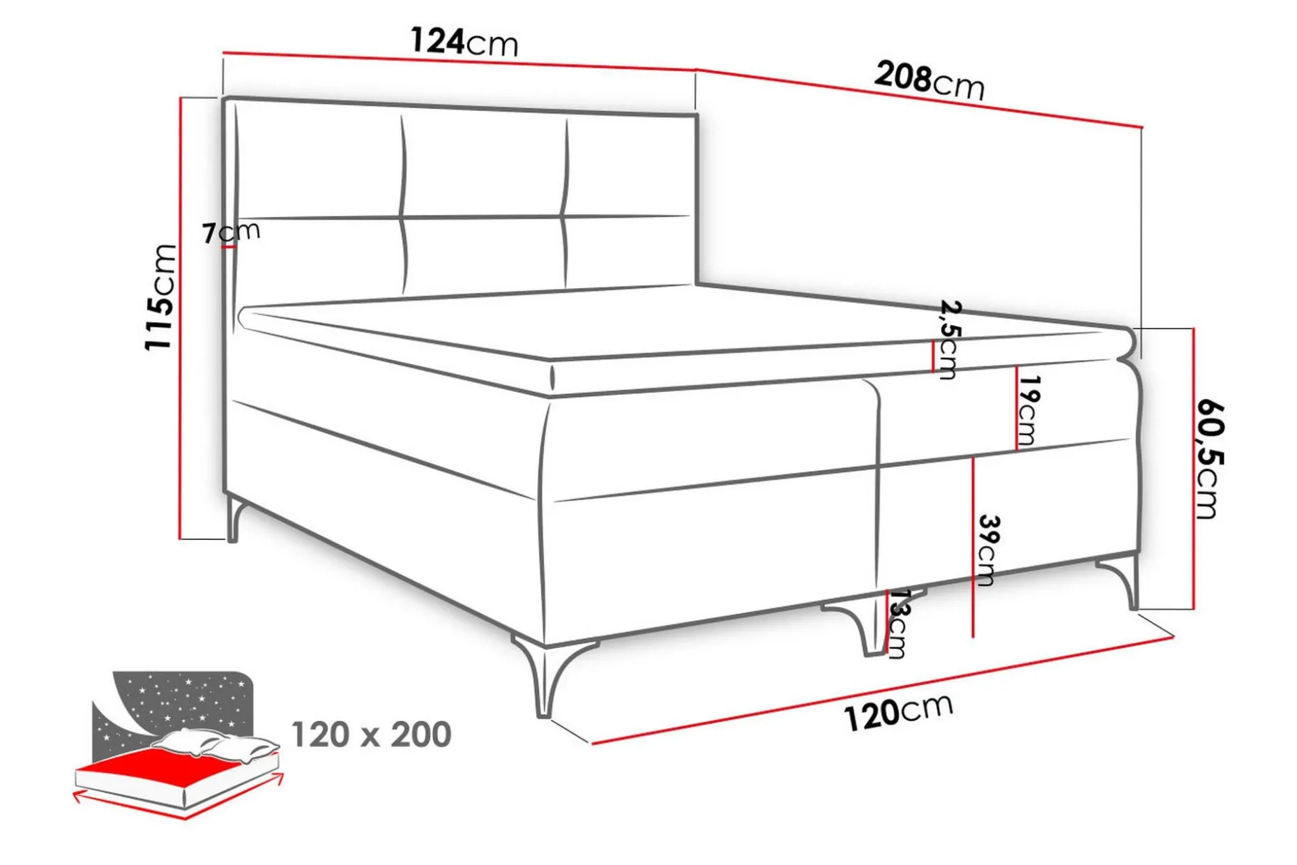 Boksta Kontinentalsäng 120x200 cm LED-belysning