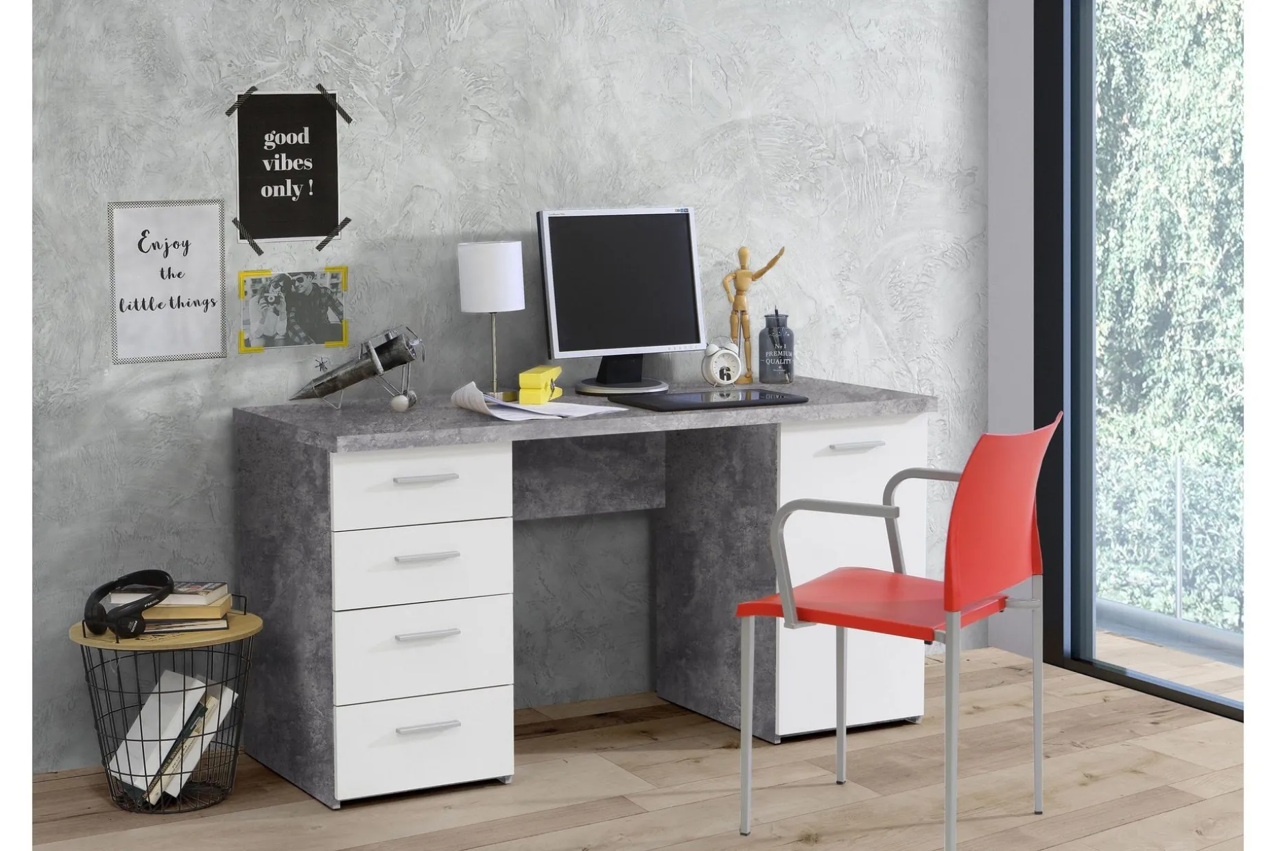 Bowlee Skrivbord 145 cm med Förvaring Skåp + 4 Lådor + Hylla