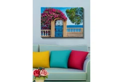 Canvastavla - Blomstrande bougainvillea vid en smidesgrind med havsutsikt