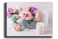 Canvastavla - Färgrik bukett av blommor i olika vaser
