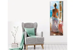 Canvastavla - Naken kvinna som står vid ett fönster med utsikt över havet