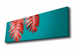 Canvastavla - Röda palmblad mot en turkos bakgrund