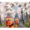 Canvastavla - Röda spårvagnar under blommande körsbärsträd