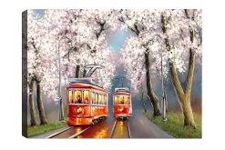 Canvastavla - Röda spårvagnar under blommande körsbärsträd