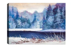 Canvastavla - Vinterlandskap med snöklädda träd och en spegelblanka sjö