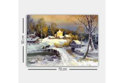 Canvastavla - Vinterlandskap med en bro och snötäckta hus