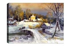 Canvastavla - Vinterlandskap med en bro och snötäckta hus