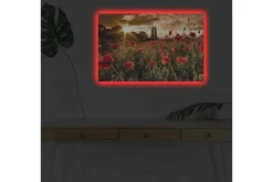 Canvastavla med LED-belysning - Blomstrande vallmofält i solnedgångens ljus