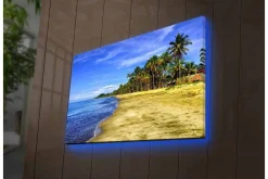 Canvastavla med LED-belysning - Vacker strand med palmer och klarblå himmel