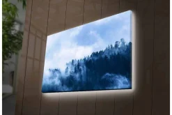Canvastavla med LED-belysning - Dimma som sveper över en skog av höga träd