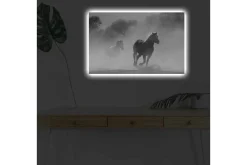 Canvastavla med LED-belysning - Hästar som galopperar genom dimma