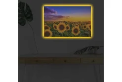 Canvastavla med LED-belysning - Fält av solrosor under en färgsprakande himmel