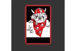 Canvastavla med LED-belysning - Bulldog i vikinghjälm med röd bandana och dödskallar