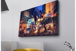 Canvastavla med LED-belysning - Livlig stadsbild med nattliv och bilar