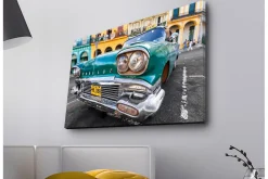 Canvastavla med LED-belysning - Vintage bil i retro stil med en grön nyans