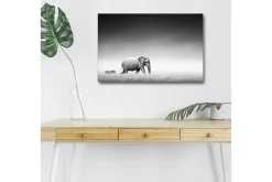 Canvastavla med LED-belysning - Svartvit bild av en elefant som går genom savannen med en zebra i bakgrunden