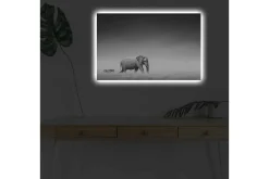 Canvastavla med LED-belysning - Svartvit bild av en elefant som går genom savannen med en zebra i bakgrunden