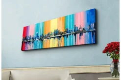 Canvastavla med LED-belysning - Färgglad stadsbild med horisontlinje och reflektioner i vatten