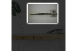 Canvastavla med LED-belysning - Silhuett av träd vid en stilla sjö i gråtoner