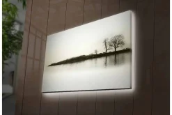 Canvastavla med LED-belysning - Silhuett av träd vid en stilla sjö i gråtoner