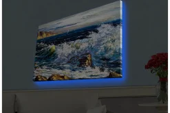 Canvastavla med LED-belysning - Dramatiska vågor som kraschar mot klippor vid havet