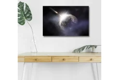 Canvastavla med LED-belysning - Rymdscen med en planet och en komet som passerar