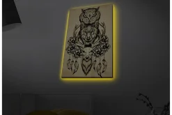 Canvastavla med LED-belysning - Djurkomposition med uggla, varg och rådjur omgiven av blommor och fjädrar