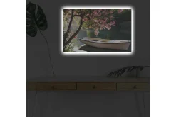 Canvastavla med LED-belysning - Båt vid en blommande trädkant vid vattnet