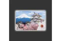 Canvastavla med LED-belysning - Vacker japansk slott med körsbärsblommor och Mount Fuji i bakgrunden