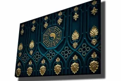 Canvastavla 70x100 cm - Abstrakt design med yin-yang-symbol och dekorativa element i guld och blått
