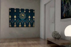 Canvastavla 70x100 cm - Abstrakt design med yin-yang-symbol och dekorativa element i guld och blått