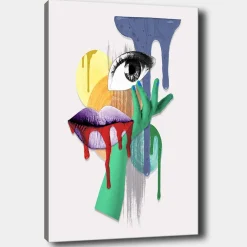 Canvastavla 70x100 cm - Ett surrealistiskt porträtt med en öga, läppar och en hand i livfulla färger