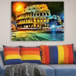 Canvastavla 70x100 cm - Färgstark och impressionistisk avbildning av Colosseum i Rom, belyst av gult och orange ljus