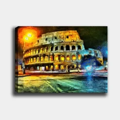 Canvastavla 70x100 cm - Färgstark och impressionistisk avbildning av Colosseum i Rom, belyst av gult och orange ljus