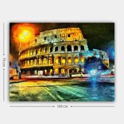 Canvastavla 70x100 cm - Färgstark och impressionistisk avbildning av Colosseum i Rom, belyst av gult och orange ljus