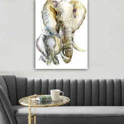 Canvastavla 70x100 cm - Målningen föreställer en stor och en liten elefant i en mjuk och färgstark akvarellstil