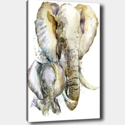 Canvastavla 70x100 cm - Målningen föreställer en stor och en liten elefant i en mjuk och färgstark akvarellstil