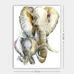 Canvastavla 70x100 cm - Målningen föreställer en stor och en liten elefant i en mjuk och färgstark akvarellstil