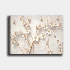 Canvastavla 70x100 cm - Stiliserad blomsterdesign med vita blommor och gyllene detaljer