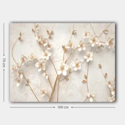 Canvastavla 70x100 cm - Stiliserad blomsterdesign med vita blommor och gyllene detaljer