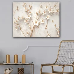 Canvastavla 70x100 cm - Stiliserad blomsterdesign med vita blommor och gyllene detaljer