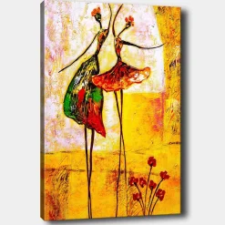 Canvastavla 70x100 cm - Två stiliserade dansare i färgglada klänningar som uttrycker glädje och rörelse