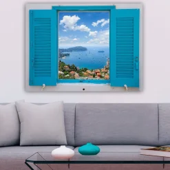 Canvastavla 70x100 cm - Utsikt genom ett öppet fönster med hav och himmel i fokus