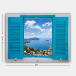 Canvastavla 70x100 cm - Utsikt genom ett öppet fönster med hav och himmel i fokus