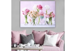 Canvastavla 70x100 cm - Vacker bukett med rosa och vita blommor i olika glasvaser