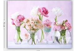 Canvastavla 70x100 cm - Vacker bukett med rosa och vita blommor i olika glasvaser