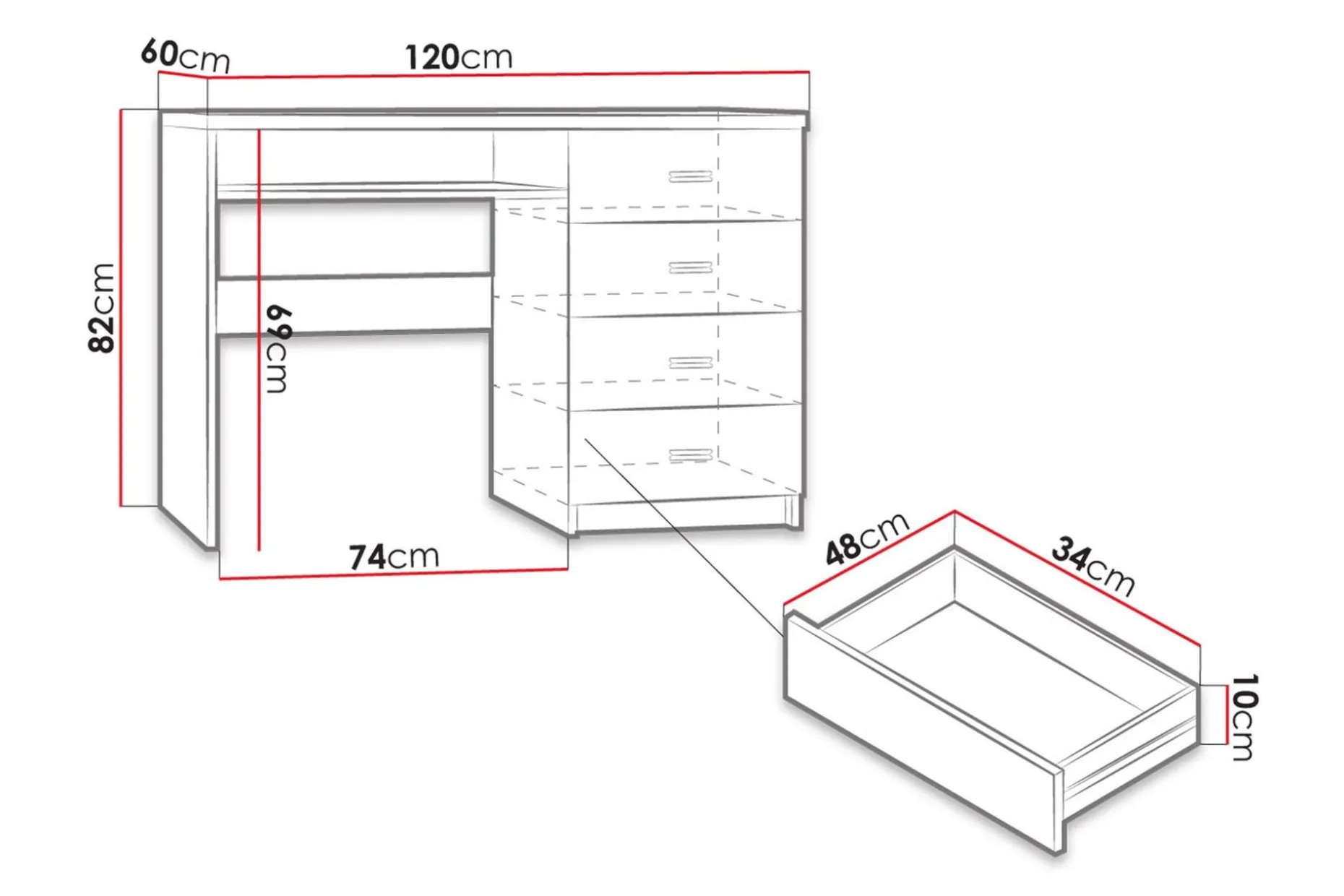 Castillia Skrivbord 120 cm med Förvaring 4 Lådor + Hylla