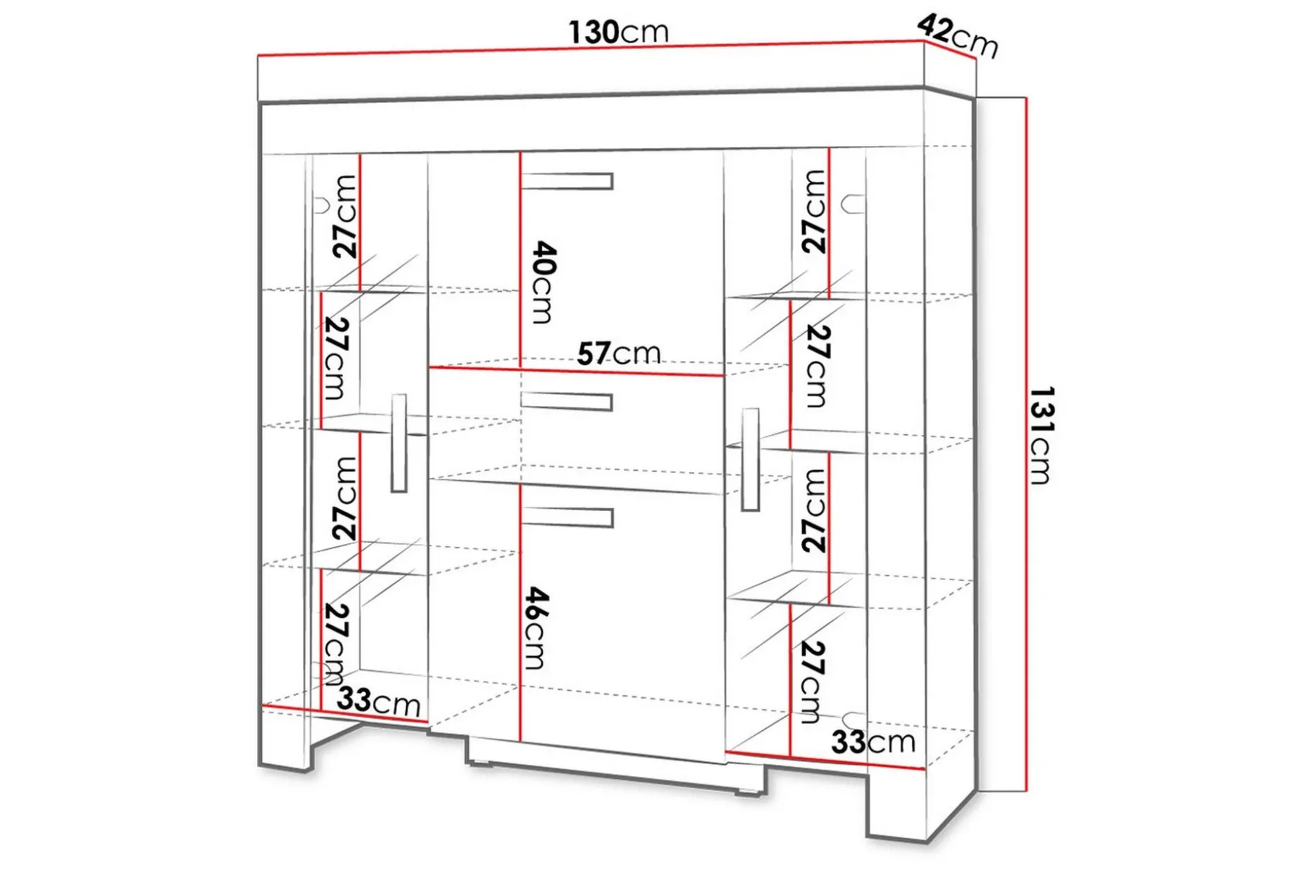 Cezar Lågt Vitrinskåp Vit LED Belysning 42 cm djup 130 cm bred 131 cm hög Ljust Trä Ek Glas